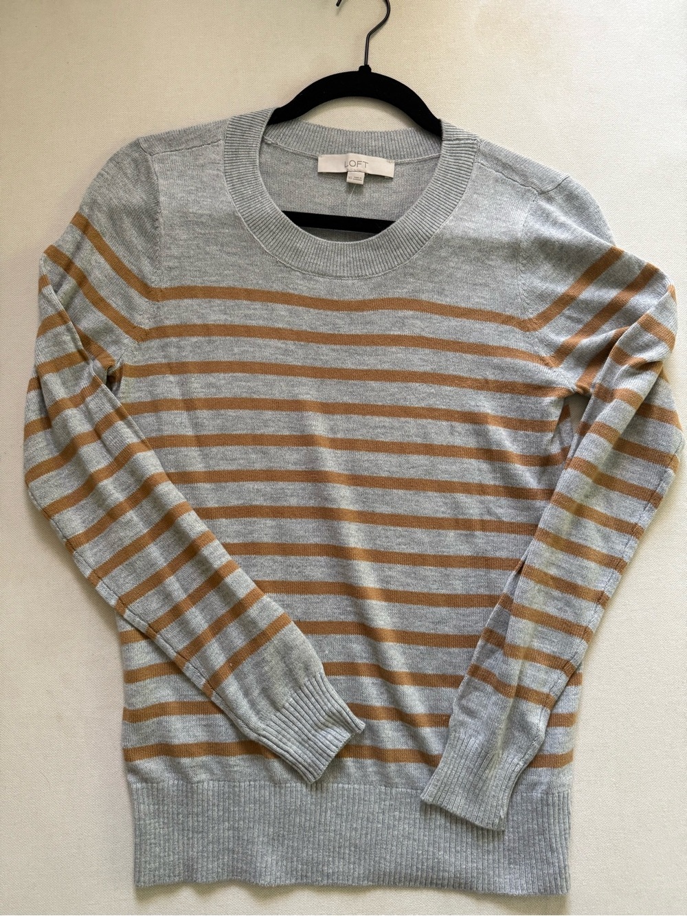 LOFT Gray and Tan Striped Crewneck Sweater